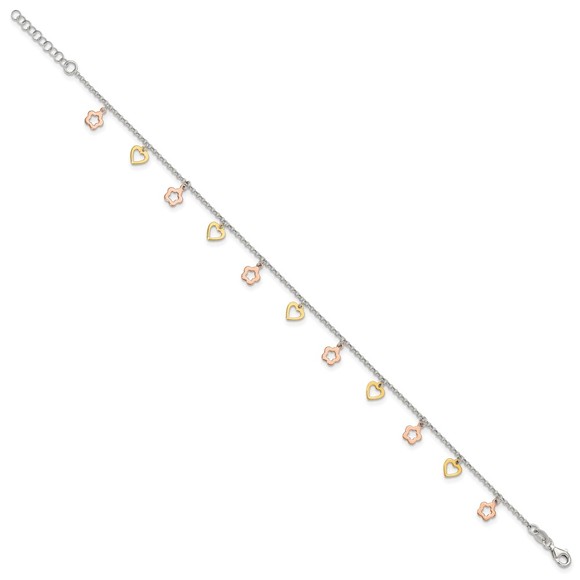 925 Sterling Silver Gold and Rose-tone Heart Charm Flower 9" + 1" ext. Anklet - Picture 2 of 7